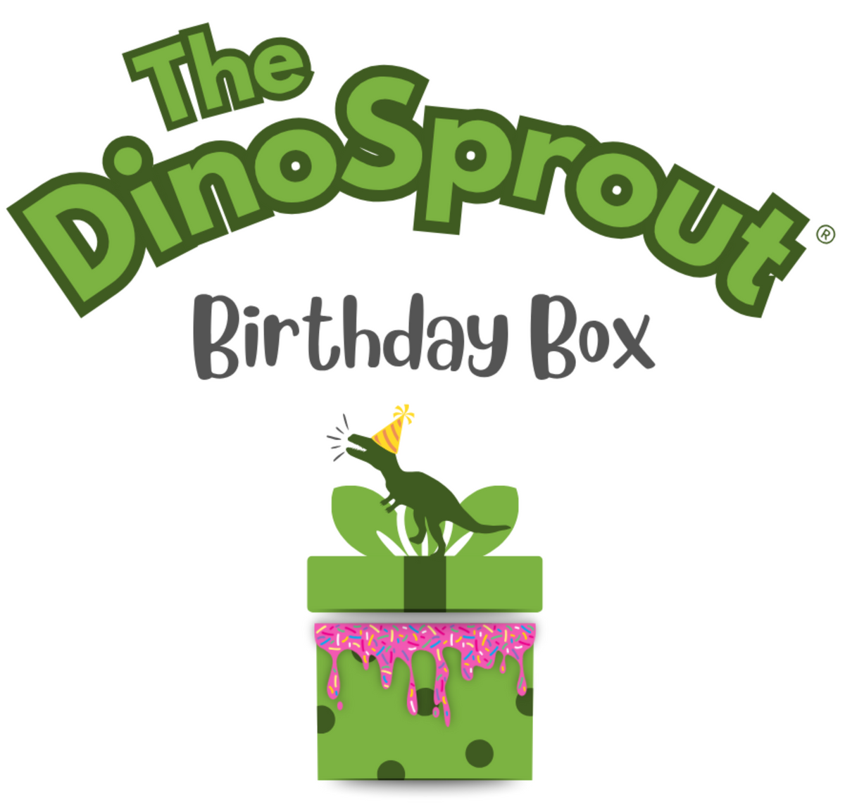 The DinoSprout Birthday Box logo and illustration on a white background, featuring green stylized lettering, dark gray text, and a cartoon green dinosaur popping out of a gift box with pink frosting.