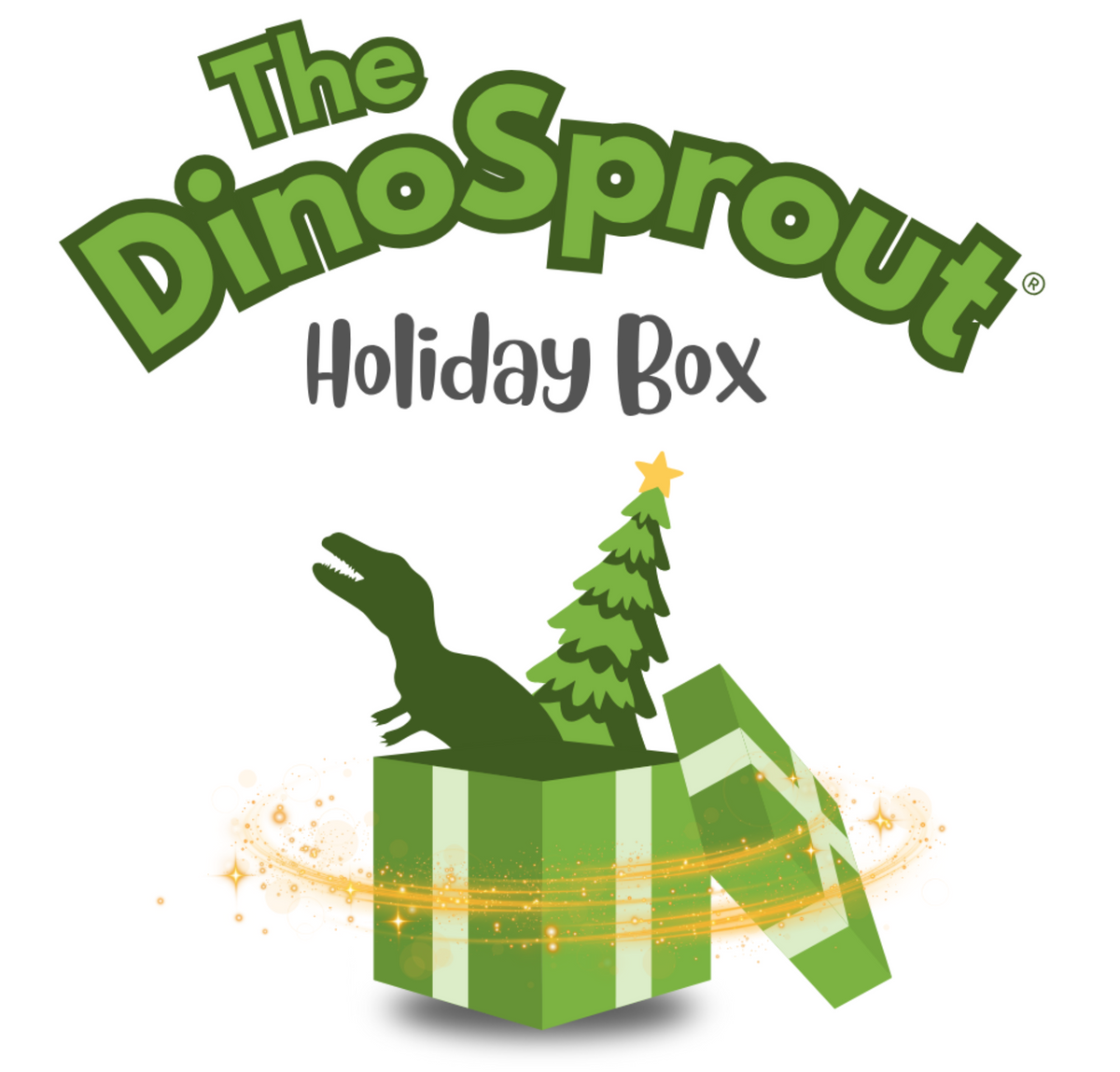 The DinoSprout Holiday Box logo on a white background, featuring green stylized text, a green dinosaur silhouette, a Christmas tree, and a green gift box with orange sparkles.