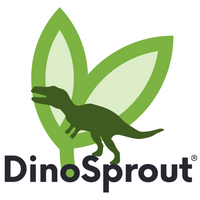 DinoSprout logo featuring a dark green dinosaur silhouette overlaid on a pair of light green leaves, with the brand name DinoSprout in dark green text below, all on a solid white background.